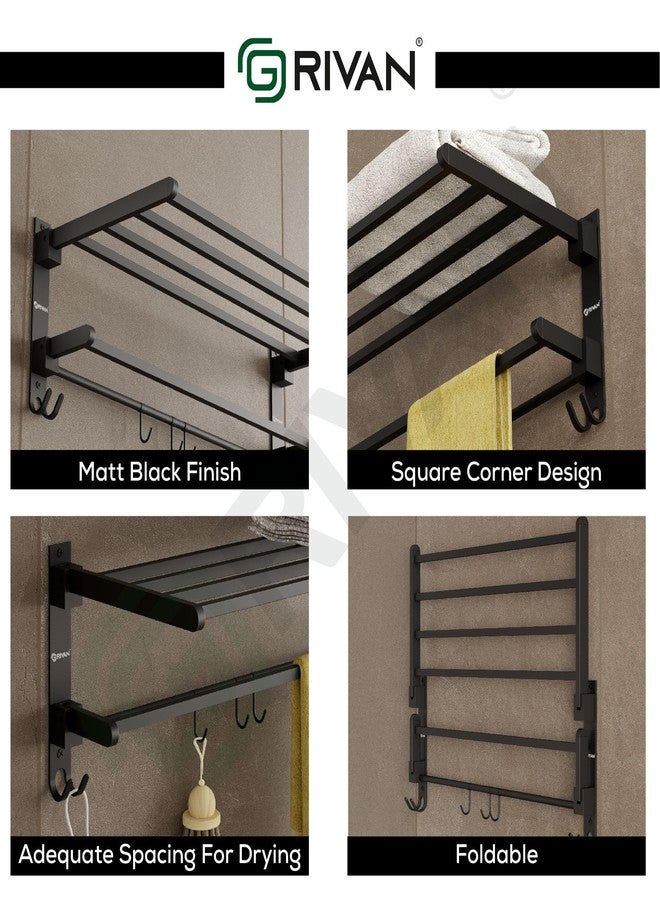 GRIVAN Heavy-Duty Stainless Steel 24 Inch Foldable Towel Rack/Shelf/Stand for Bathroom, Wall-Mounted Towel Holder with Hooks and Hanger (Black Matte Finish) - Image 5